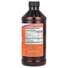 NOW Foods liquid supplement bottle, rear Supplement Facts label on dark amber