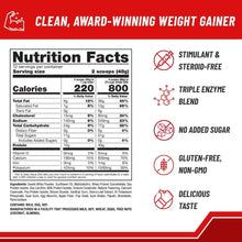 Naturade Weight Gain nutrition facts panel with servings and calorie table