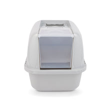 Enclosed hooded cat litter box, front view with tinted door window, light gray