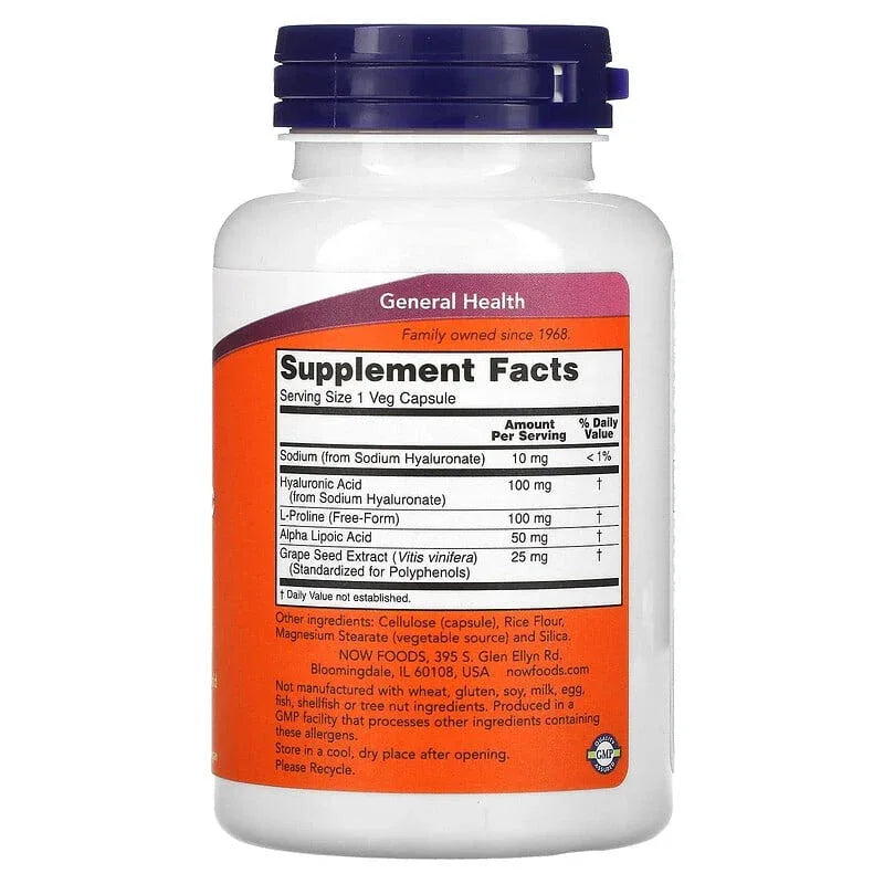 NOW Foods, Hyaluronic Acid With L-Proline, Alpha Lipoic Acid and Grape Seed Extract, 100 mg - USA MEGA SHOP