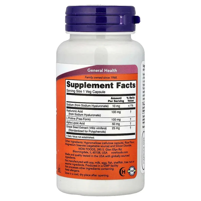 NOW Foods, Hyaluronic Acid With L-Proline, Alpha Lipoic Acid and Grape Seed Extract, 100 mg - USA MEGA SHOP