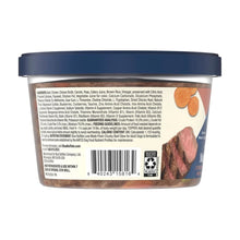 Refrigerated dog food tub back label with ingredients list and barcode.