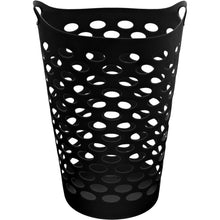Black laundry hamper with cutout oval pattern and two carry handles