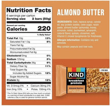 KIND almond butter breakfast protein bar nutrition facts panel, 6 servings per carton