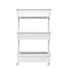 Arctic white 3-tier plastic rolling cart front view with caster wheels and open bins