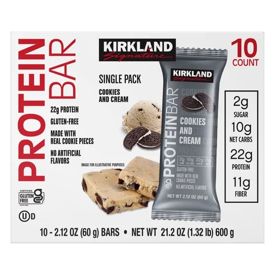 Kirkland Signature Protein Bars, Cookies and Cream, 2.12 oz Bars, 40-Count (4 Pack of 10)