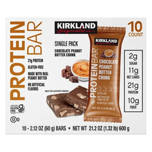 Protein bar carton front, chocolate peanut butter chunk flavor, 10-count bars