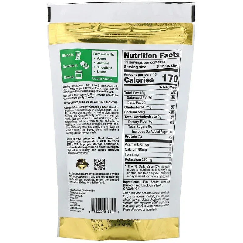 California Gold Nutrition, Organic 3-Seed Blend, Plant-based Omegas, with Ancient Seeds of Chia, Hemp and Flax, 12 oz (340 g)