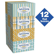 Soft & Strong 2-ply facial tissue box set, stacked 12 flat boxes, teal and gold patterns