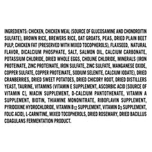 Dry dog food ingredients label text on the back of the bag