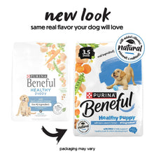 Purina Beneful Healthy Puppy dry dog food bags, 14 lb, chicken recipe front and side views