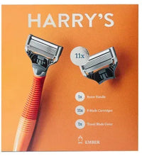 Razor handle with 5-blade cartridge heads, shown alongside matching handles