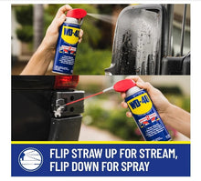 WD-40 spray can with flip straw, red cap in use near equipment