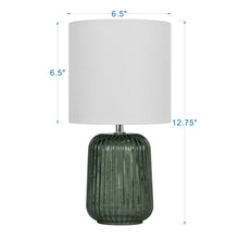 Mainstays table lamp with white drum shade and dark green ribbed glass base