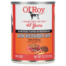 Wet dog food can front label with O'Roy logo and Bacon Cheeseburger flavor