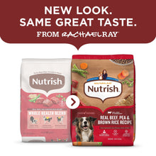 Dry dog food bags showing Real Beef Pea & Brown Rice Recipe packaging