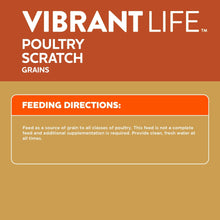 Poultry scratch grains feed bag, feeding directions panel, orange and tan label