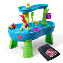Kids' splash water table with blue basin, green legs, and colorful water toys