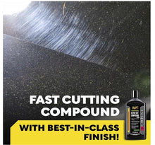 Meguiar’s M105 ultra-cut compound bottle with fast cutting promo text