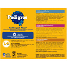 Pedigree dog food variety pack back panel with ingredients and feeding guide text