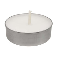 White unscented tealight candle in metal cup with wick