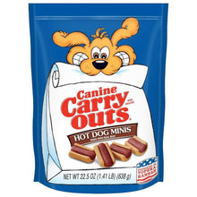 Dog treat pouch with cartoon dog on front and Hot Dog Minis branding, blue bag