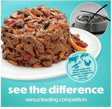 Wet dog food in dish with hearty meat chunks and carrot pieces