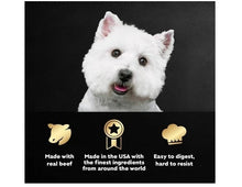 Cesar wet dog food variety pack with white dog and icons for USA-made and digestible