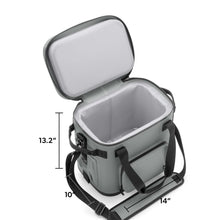 Grey insulated cooler box bag with lid open and shoulder straps