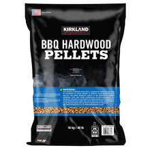 Kirkland BBQ hardwood pellets bag, 40 lb with product warning and labels