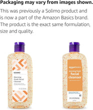 Facial cleanser bottles (2), speckled beige with purple caps, orange label
