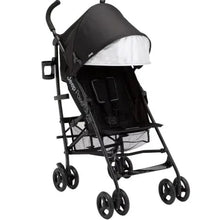 Black PowerGlyde plus stroller with canopy and front wheels, side view