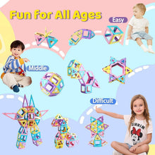 Magnetic building blocks set showing multicolor star and house magnet tile shapes