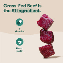 Grass-fed beef ingredient graphic with heart and B vitamins icons and beef pieces.