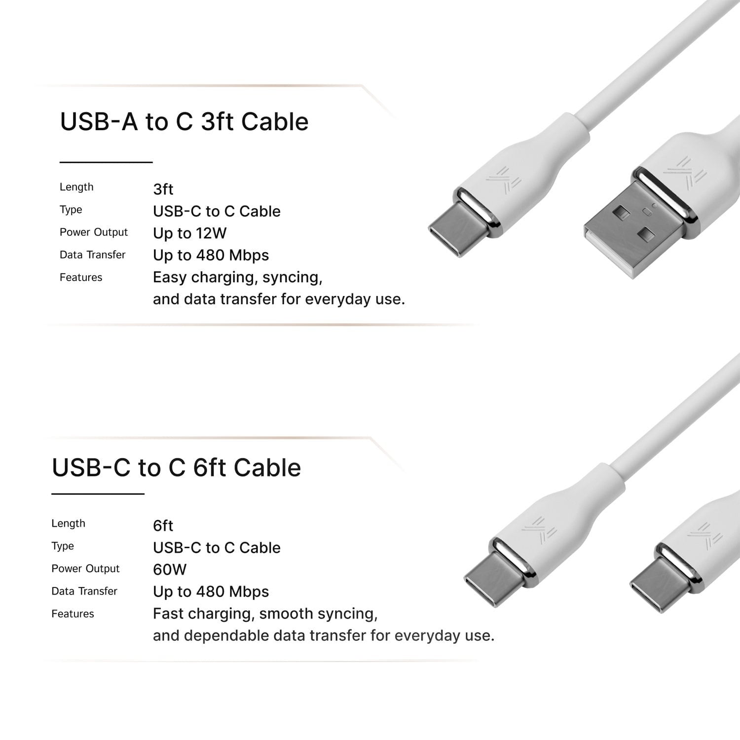 Member's Mark Silicone USB-C Cable Set, 2pack(3' USB-A to USB-C & 6' USB-C to USB-C)