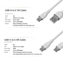 White USB-A to USB-C 3ft and USB-C to USB-C 6ft silicone charging cables, 2-pack