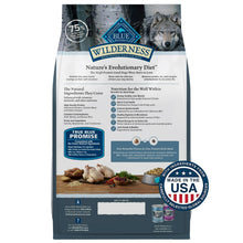 Blue Buffalo Wilderness dry dog food pouch back panel with nutrition, ingredients, and badges