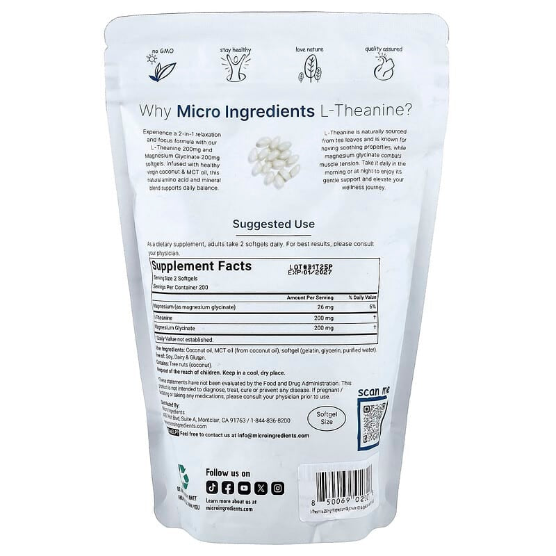 Micro Ingredients, L-Theanine + Magnesium Glycinate , 400 Softgels