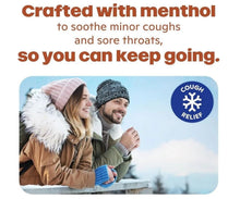 Ricola menthol cough drops banner with cough relief badge and smiling couple