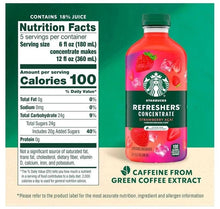 Starbucks Refreshers concentrate strawberry acai drink bottle with Nutrition Facts panel