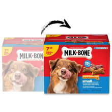 Milk-Bone dog biscuit box front and side views with dog photo; 7 lb small