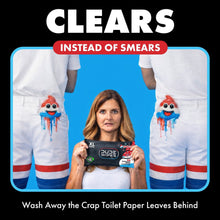 DUDE Wipes XL flushable wipes pack held between arms, “CLEARS instead of SMEARS” text