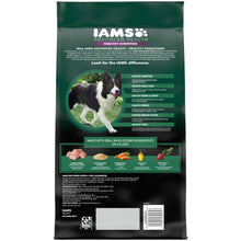 Dry dog food bag back panel with ingredient list and barcode label