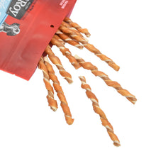 Twisted chicken dog treats, light tan braided sticks hanging from the bag