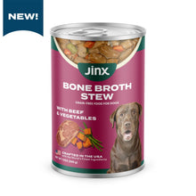 Jinx bone broth stew grain-free wet dog food can with beef and vegetables