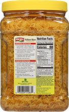 Jar of Iberia yellow rice with back nutrition facts label and yellow rice grains
