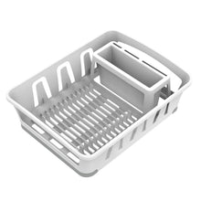 White countertop dish drainer rack with plate dividers and utensil tray