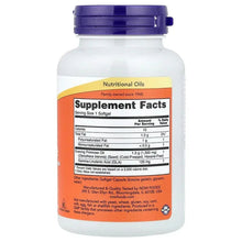 Evening primrose oil softgel bottle with blue cap, back supplement facts panel