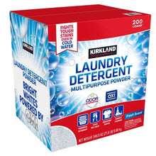 Laundry detergent powder box, blue and red, bright whites, 200 loads