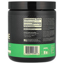 Creatine powder container back label, black jar with green band and barcode